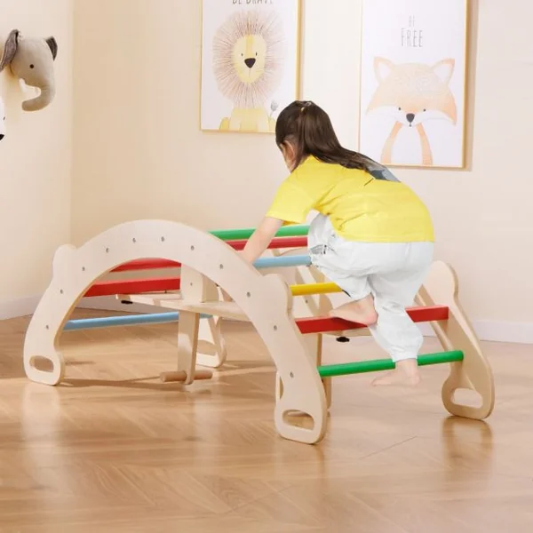 Arche d’Escalade et Cheval à Bascule Jouets d'Escalade en Bois 4 en 1 pour Enfants de 1 à 5 Ans Ensemble de Jeu Montessori Coloré