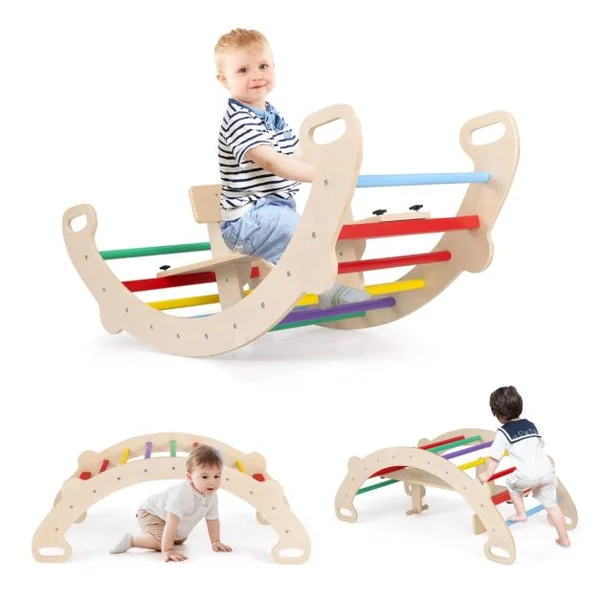 Arche d’Escalade et Cheval à Bascule Jouets d'Escalade en Bois 4 en 1 pour Enfants de 1 à 5 Ans Ensemble de Jeu Montessori Coloré