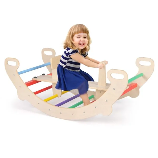 Arche d’Escalade et Cheval à Bascule Jouets d'Escalade en Bois 4 en 1 pour Enfants de 1 à 5 Ans Ensemble de Jeu Montessori Coloré
