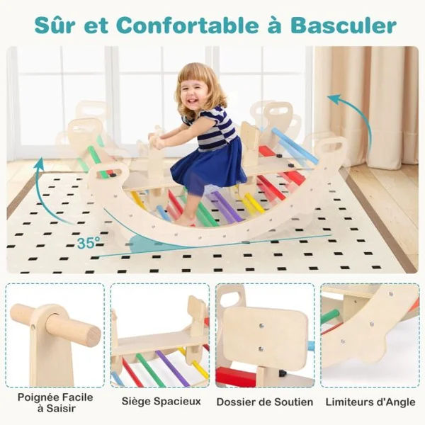 Arche d’Escalade et Cheval à Bascule Jouets d'Escalade en Bois 4 en 1 pour Enfants de 1 à 5 Ans Ensemble de Jeu Montessori Coloré