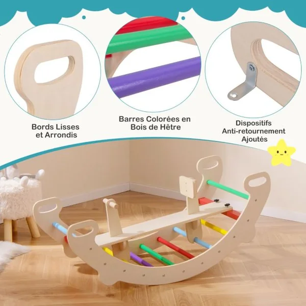 Arche d’Escalade et Cheval à Bascule Jouets d'Escalade en Bois 4 en 1 pour Enfants de 1 à 5 Ans Ensemble de Jeu Montessori Coloré