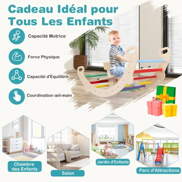 Arche d’Escalade et Cheval à Bascule Jouets d'Escalade en Bois 4 en 1 pour Enfants de 1 à 5 Ans Ensemble de Jeu Montessori Coloré