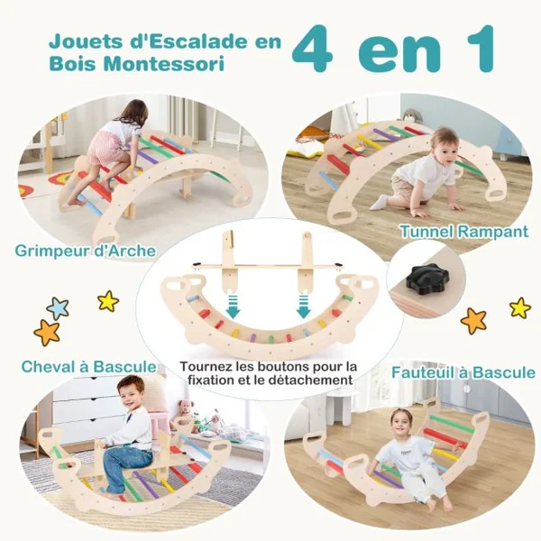 Arche d’Escalade et Cheval à Bascule Jouets d'Escalade en Bois 4 en 1 pour Enfants de 1 à 5 Ans Ensemble de Jeu Montessori Coloré