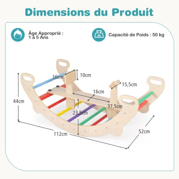 Arche d’Escalade et Cheval à Bascule Jouets d'Escalade en Bois 4 en 1 pour Enfants de 1 à 5 Ans Ensemble de Jeu Montessori Coloré