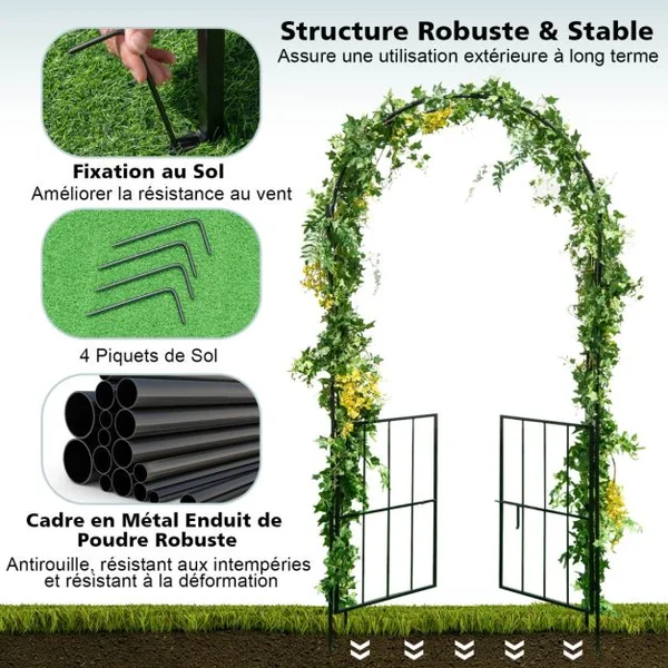 Arche en Treillis de Jardin 230CM avec Porte pour Plantes Grimpantes Arceau à Rosiers en Métal Décoration Noir