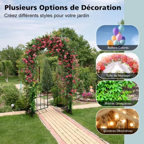 Arche en Treillis de Jardin 230CM avec Porte pour Plantes Grimpantes Arceau à Rosiers en Métal Décoration Noir