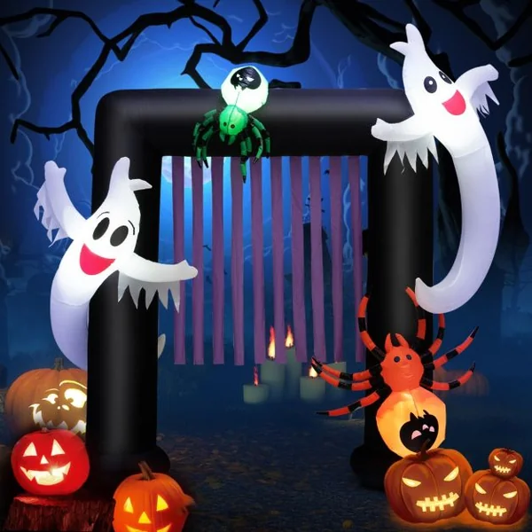 Arche Halloween Gonflable 230x70x223 CM (LxlxH) - 2 Fantômes Hantés et 2 Araignées - Lumière LED avec Gonfleur Etanche