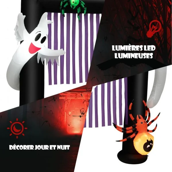Arche Halloween Gonflable 230x70x223 CM (LxlxH) - 2 Fantômes Hantés et 2 Araignées - Lumière LED avec Gonfleur Etanche