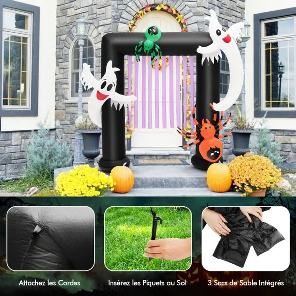 Arche Halloween Gonflable 230x70x223 CM (LxlxH) - 2 Fantômes Hantés et 2 Araignées - Lumière LED avec Gonfleur Etanche
