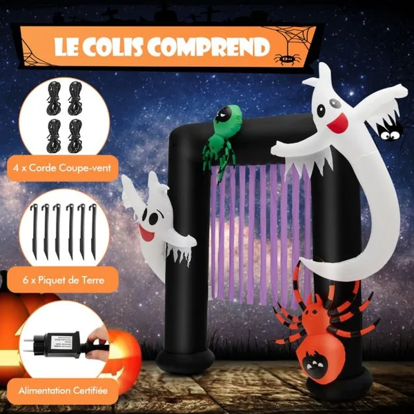 Arche Halloween Gonflable 230x70x223 CM (LxlxH) - 2 Fantômes Hantés et 2 Araignées - Lumière LED avec Gonfleur Etanche
