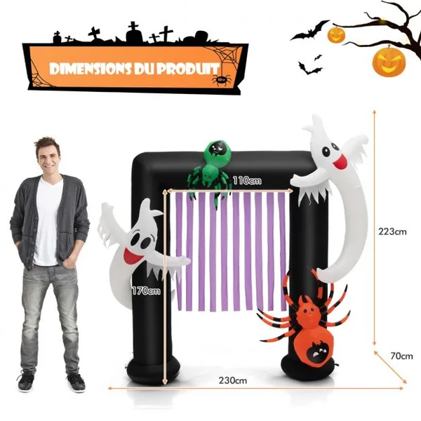 Arche Halloween Gonflable 230x70x223 CM (LxlxH) - 2 Fantômes Hantés et 2 Araignées - Lumière LED avec Gonfleur Etanche