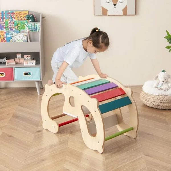 Arche à Bascule 2 en 1 pour Enfants Jouets d’Escalade Montessori avec Bascule Arche d’Escalade Dossier et Siège Confortables Multicolore