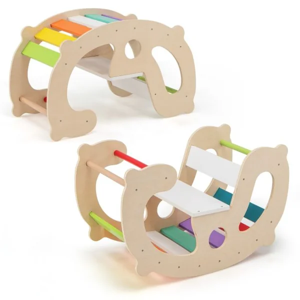 Arche à Bascule 2 en 1 pour Enfants Jouets d’Escalade Montessori avec Bascule Arche d’Escalade Dossier et Siège Confortables Multicolore