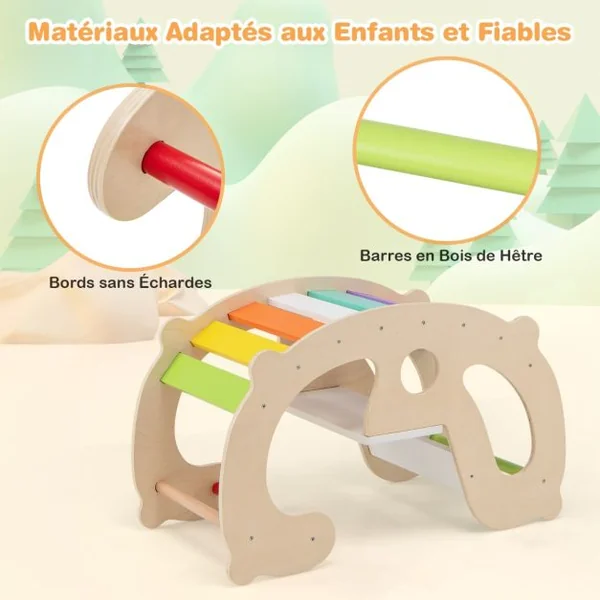 Arche à Bascule 2 en 1 pour Enfants Jouets d’Escalade Montessori avec Bascule Arche d’Escalade Dossier et Siège Confortables Multicolore