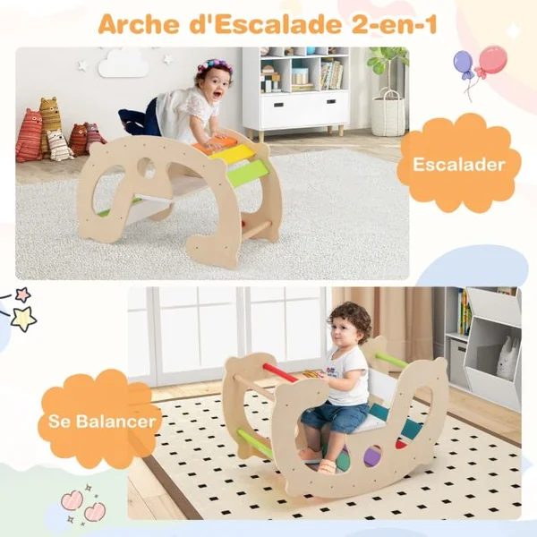 Arche à Bascule 2 en 1 pour Enfants Jouets d’Escalade Montessori avec Bascule Arche d’Escalade Dossier et Siège Confortables Multicolore