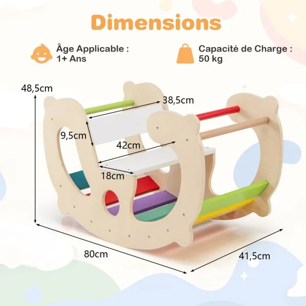 Arche à Bascule 2 en 1 pour Enfants Jouets d’Escalade Montessori avec Bascule Arche d’Escalade Dossier et Siège Confortables Multicolore