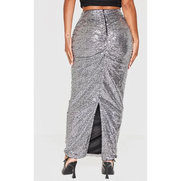 Argenté Jupe Maxi Shape À Sequins Argentés Avec Fronces Et Décolleté En V