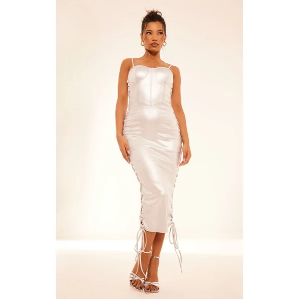 Argenté Robe Midi Métallisée À Détail Corset Et Côtés En Dentelle