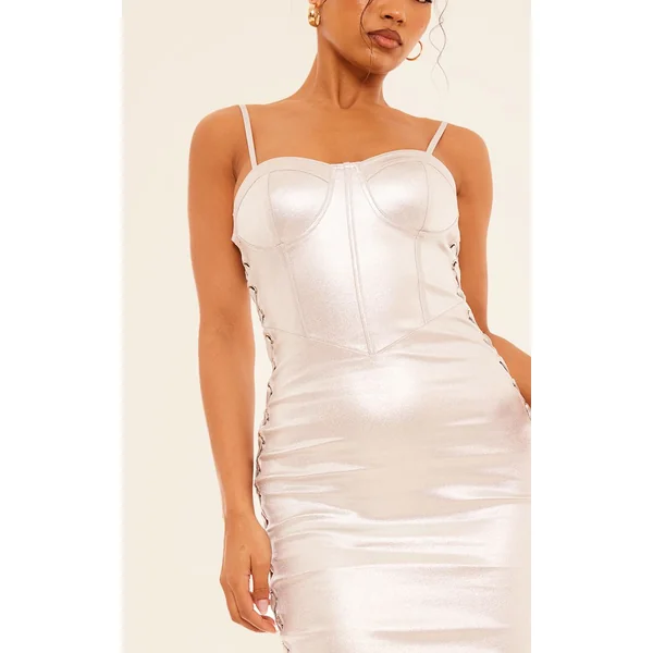 Argenté Robe Midi Métallisée À Détail Corset Et Côtés En Dentelle