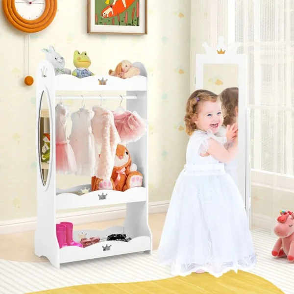 Armoire a Bijoux pour Enfants Miroir sur Pied avec Grande Capacité de Rangement et Base Pivotante Miroir de Courtoisie pour Enfants Rose/Blanc