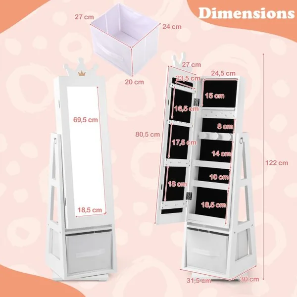 Armoire a Bijoux pour Enfants Miroir sur Pied avec Grande Capacité de Rangement et Base Pivotante Miroir de Courtoisie pour Enfants Rose/Blanc