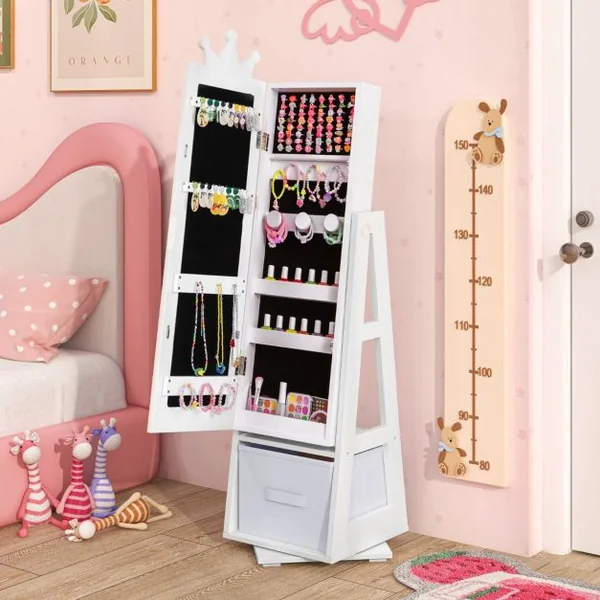 Armoire a Bijoux pour Enfants Miroir sur Pied avec Grande Capacité de Rangement et Base Pivotante Miroir de Courtoisie pour Enfants Rose/Blanc