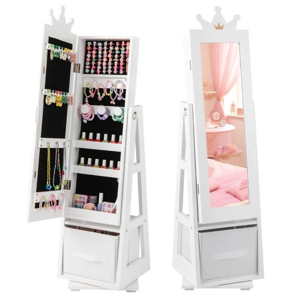 Armoire a Bijoux pour Enfants Miroir sur Pied avec Grande Capacité de Rangement et Base Pivotante Miroir de Courtoisie pour Enfants Rose/Blanc