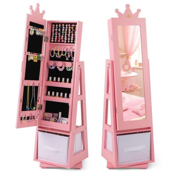 Armoire a Bijoux pour Enfants Miroir sur Pied avec Grande Capacité de Rangement et Base Pivotante Miroir de Courtoisie pour Enfants Rose/Blanc