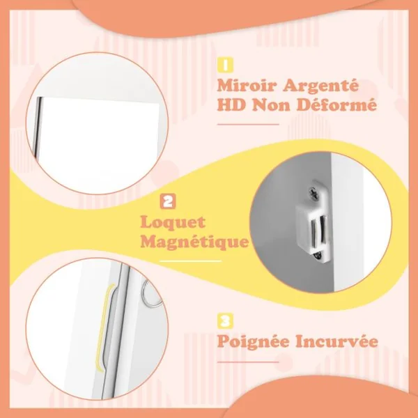 Armoire a Bijoux pour Enfants Miroir sur Pied avec Grande Capacité de Rangement et Base Pivotante Miroir de Courtoisie pour Enfants Rose/Blanc