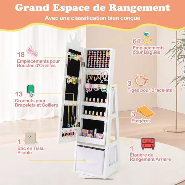 Armoire a Bijoux pour Enfants Miroir sur Pied avec Grande Capacité de Rangement et Base Pivotante Miroir de Courtoisie pour Enfants Rose/Blanc