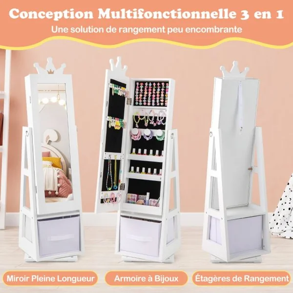 Armoire a Bijoux pour Enfants Miroir sur Pied avec Grande Capacité de Rangement et Base Pivotante Miroir de Courtoisie pour Enfants Rose/Blanc