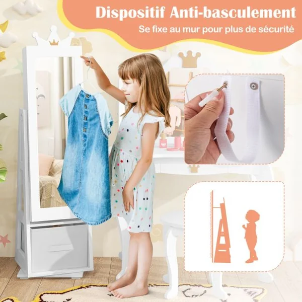 Armoire a Bijoux pour Enfants Miroir sur Pied avec Grande Capacité de Rangement et Base Pivotante Miroir de Courtoisie pour Enfants Rose/Blanc