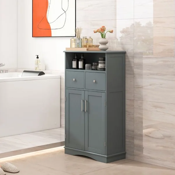 Armoire Autoportante avec 2 Portes 2 Tiroirs et 2 Etagères Réglables Organisateur de Rangement pour Salon Salle de Bain Cuisine Gris/Blanc