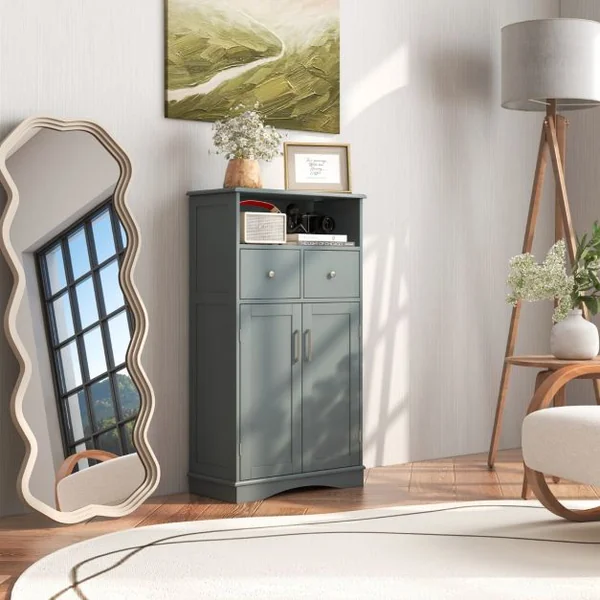 Armoire Autoportante avec 2 Portes 2 Tiroirs et 2 Etagères Réglables Organisateur de Rangement pour Salon Salle de Bain Cuisine Gris/Blanc
