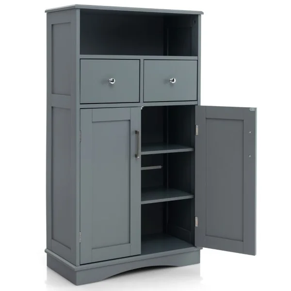 Armoire Autoportante avec 2 Portes 2 Tiroirs et 2 Etagères Réglables Organisateur de Rangement pour Salon Salle de Bain Cuisine Gris/Blanc