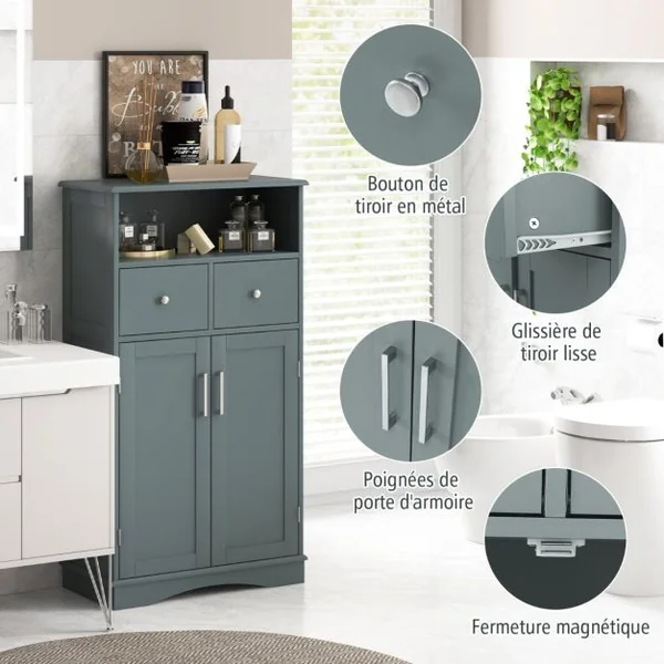 Armoire Autoportante avec 2 Portes 2 Tiroirs et 2 Etagères Réglables Organisateur de Rangement pour Salon Salle de Bain Cuisine Gris/Blanc