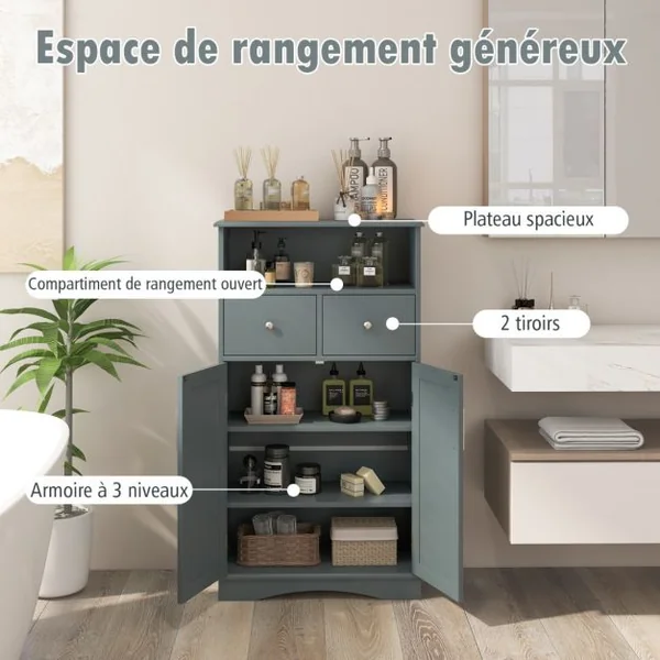 Armoire Autoportante avec 2 Portes 2 Tiroirs et 2 Etagères Réglables Organisateur de Rangement pour Salon Salle de Bain Cuisine Gris/Blanc