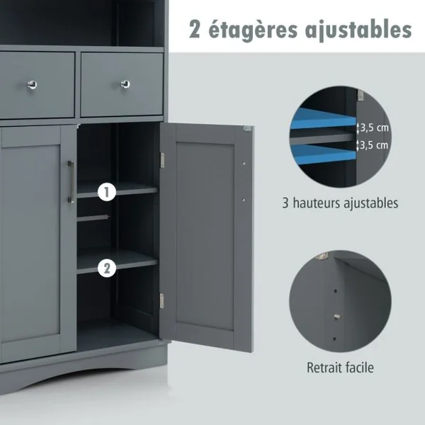 Armoire Autoportante avec 2 Portes 2 Tiroirs et 2 Etagères Réglables Organisateur de Rangement pour Salon Salle de Bain Cuisine Gris/Blanc