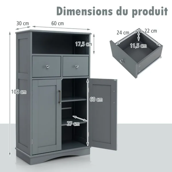 Armoire Autoportante avec 2 Portes 2 Tiroirs et 2 Etagères Réglables Organisateur de Rangement pour Salon Salle de Bain Cuisine Gris/Blanc