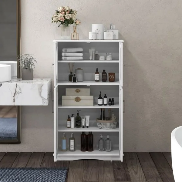 Armoire autoportante avec Portes et étagères Ajustables Meuble de Rangement Autoportant pour Salle de Bain Salon Entrée 60 x 30 x 108 cm Blanc