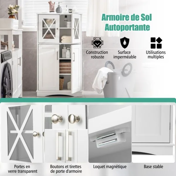 Armoire autoportante avec Portes et étagères Ajustables Meuble de Rangement Autoportant pour Salle de Bain Salon Entrée 60 x 30 x 108 cm Blanc