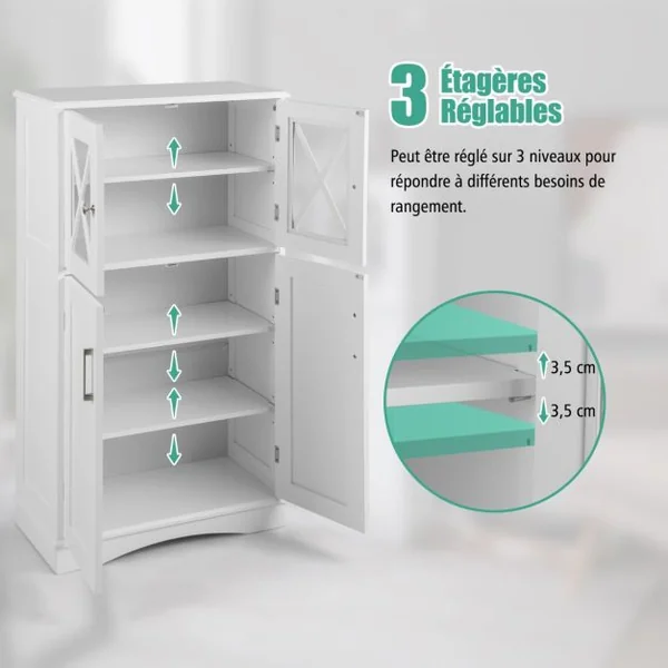 Armoire autoportante avec Portes et étagères Ajustables Meuble de Rangement Autoportant pour Salle de Bain Salon Entrée 60 x 30 x 108 cm Blanc