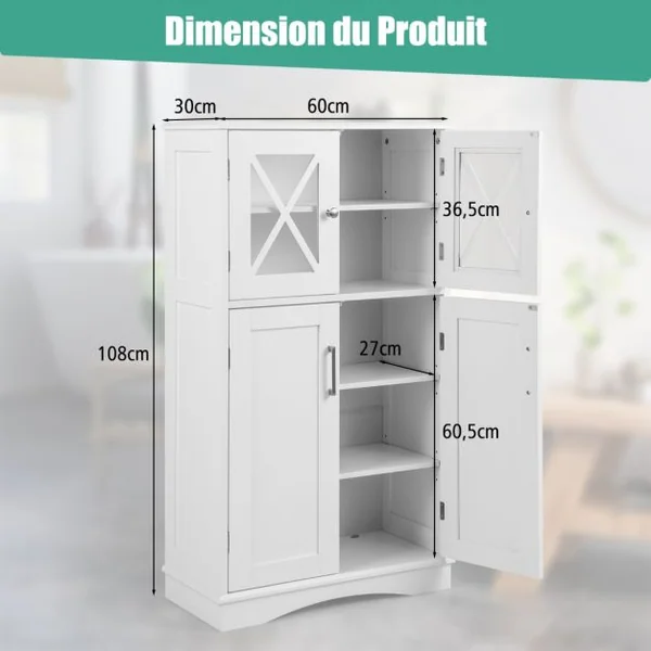 Armoire autoportante avec Portes et étagères Ajustables Meuble de Rangement Autoportant pour Salle de Bain Salon Entrée 60 x 30 x 108 cm Blanc