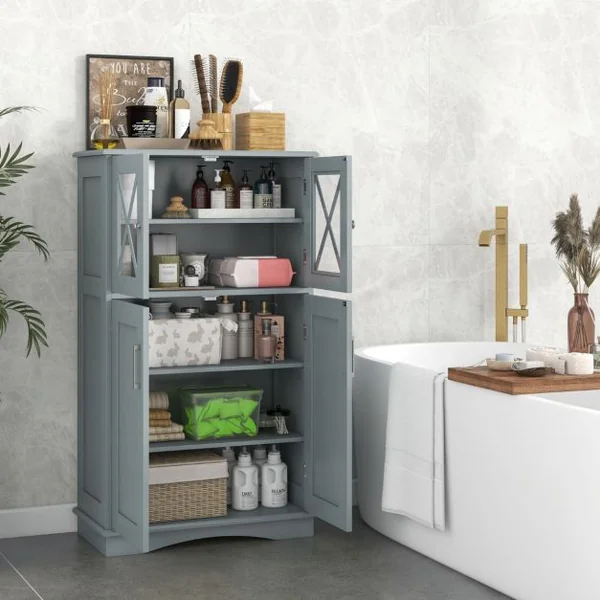 Armoire autoportante avec Portes et étagères Ajustables Meuble de Rangement Autoportant pour Salle de Bain Salon Entrée 60x30x108cm Gris