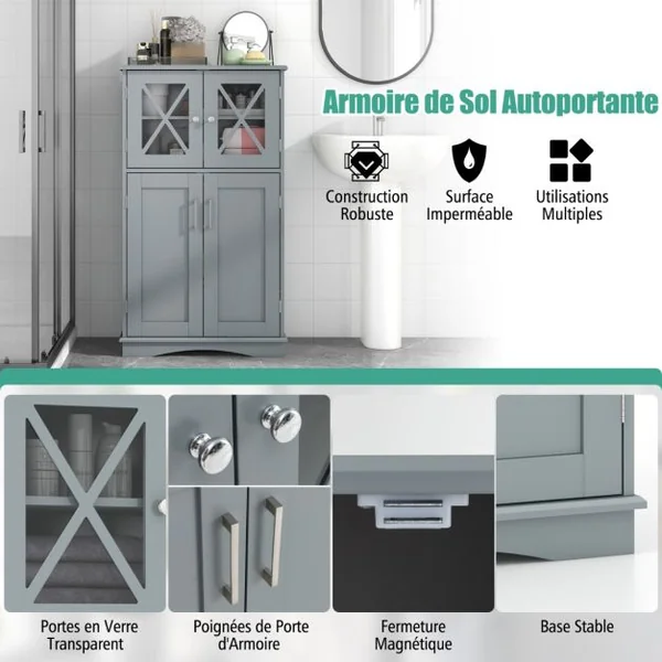 Armoire autoportante avec Portes et étagères Ajustables Meuble de Rangement Autoportant pour Salle de Bain Salon Entrée 60x30x108cm Gris
