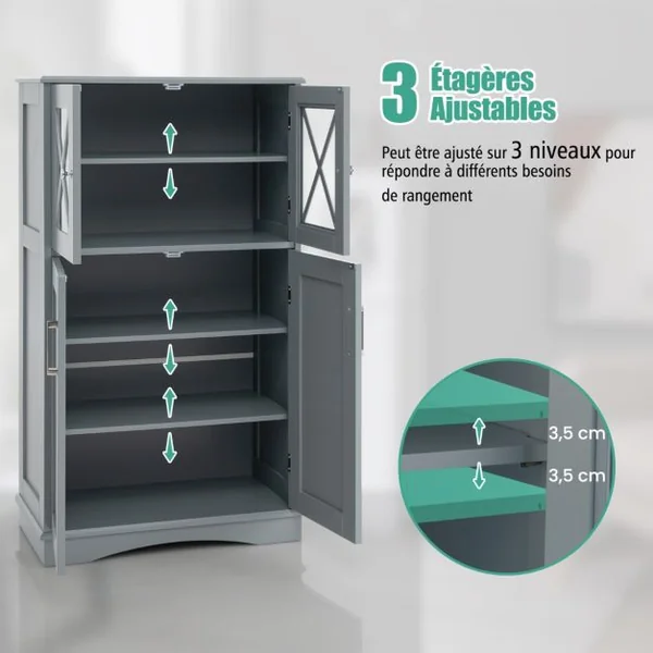 Armoire autoportante avec Portes et étagères Ajustables Meuble de Rangement Autoportant pour Salle de Bain Salon Entrée 60x30x108cm Gris