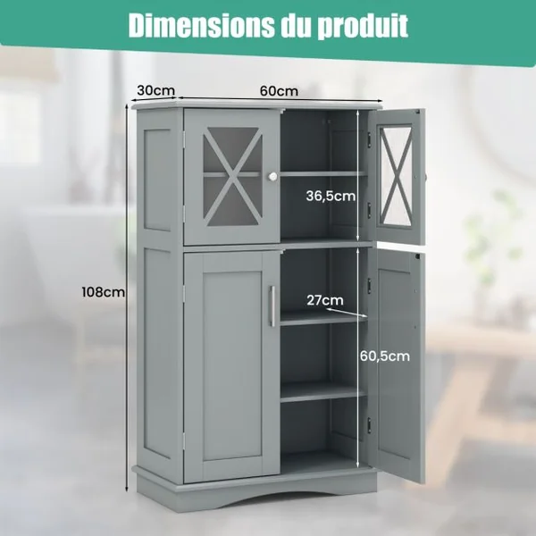 Armoire autoportante avec Portes et étagères Ajustables Meuble de Rangement Autoportant pour Salle de Bain Salon Entrée 60x30x108cm Gris