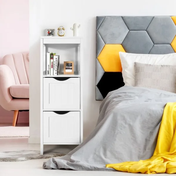 Armoire Autoportante de Salle De Bain avec 2 Tiroirs Amovibles Étagère Ouverte Design Anti-Basculement pour Salle de Bain Blanc