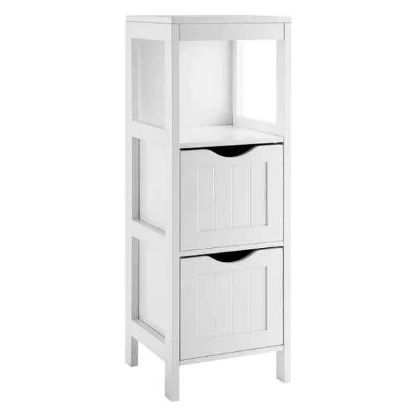 Armoire Autoportante de Salle De Bain avec 2 Tiroirs Amovibles Étagère Ouverte Design Anti-Basculement pour Salle de Bain Blanc