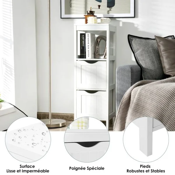 Armoire Autoportante de Salle De Bain avec 2 Tiroirs Amovibles Étagère Ouverte Design Anti-Basculement pour Salle de Bain Blanc